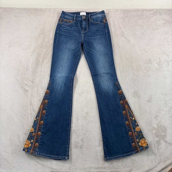 DRIFTWOOD Denim - Driftwood Violet Embroidered Floral Flare Jeans in Blue Wash Women 26 High Rise